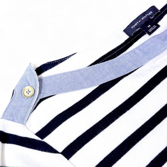 Tommy Hilfiger Striped Boat Neck Top Breton M Nautical Preppy Chambray Navy Red - Picture 3 of 10